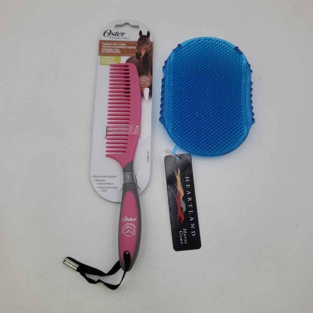 Oster Mane Tail Comb Pink Heartland Horse Gear Blue Jelly Scrubber Grooming Set